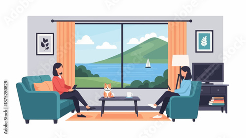 Two people and a dog relax indoors with a scenic lake and mountain view through a large window