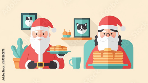 Two Santa characters enjoy stacks of pancakes with butter and syrup