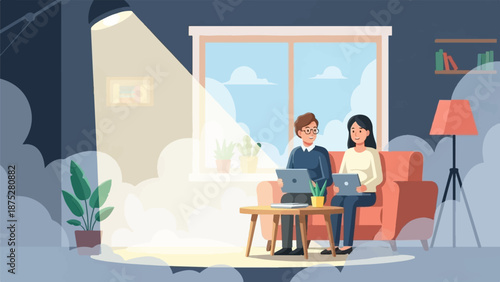 Couple working on laptops in a cozy living room with a window view