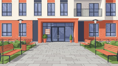 Stylized, flat illustration of a building entrance with benches, planters, and stone paving