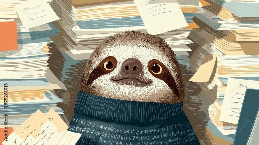 Fototapeta premium Sloth sits among paperwork representing slow productivity and office fatigue. Work overload, deadline pressure, burnout, and administrative stress concept