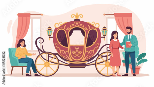 Couple and seated woman near ornate carriage in room