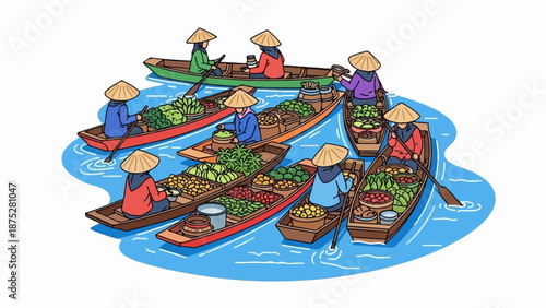 Several people in conical hats paddle boats filled with various fresh produce on a blue river