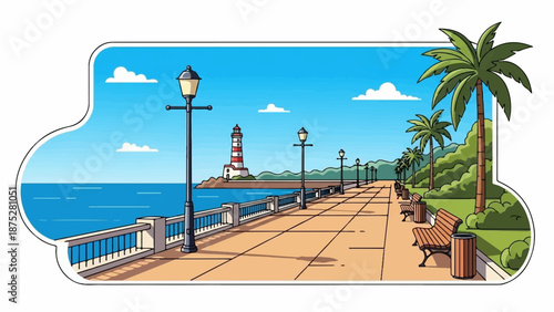 Coastal promenade with lighthouse, palm trees, and benches under a sunny sky