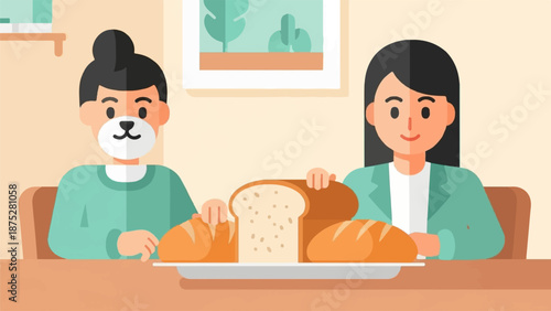 Two individuals, one with a dog-like mask, sit at a table with a selection of bread