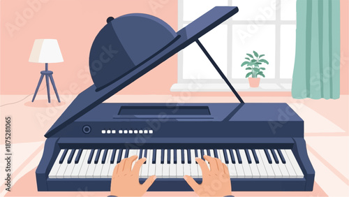 Hands playing a dark blue digital piano in a room with a lamp and a plant