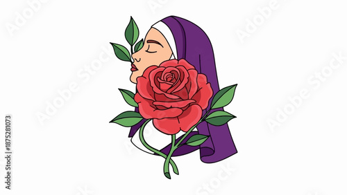 Profile of a woman in purple veil with red rose and green leaves