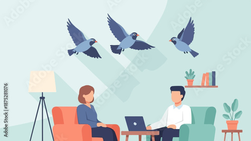 Two people in a living room with three birds flying overhead