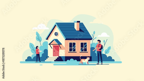 Flat illustration of a house, people, and dog in a park