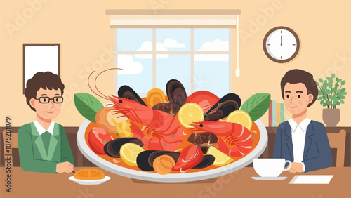 Two men enjoy a large seafood stew meal with bread and coffee in a bright, casual dining setting