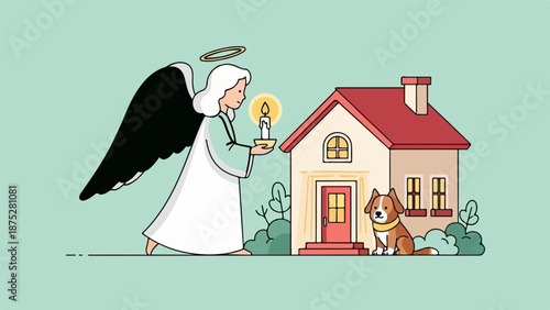 An angelic figure with a halo holds a candle near a house with a dog