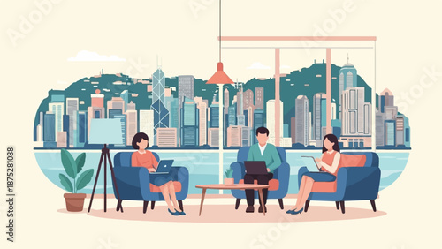 People working on laptops in a modern office with a city skyline view