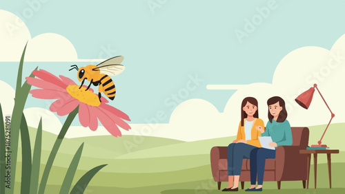 Two women sit on a couch, talking, while a bee lands on a large pink flower nearby