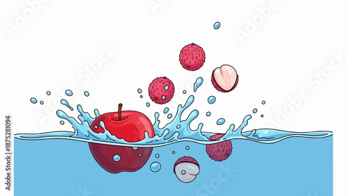 Red apple and lychees splashing into blue water with droplets