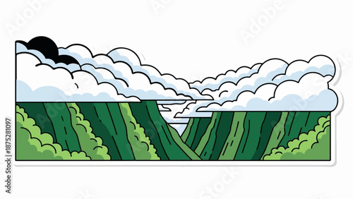 Stylized illustration of a cloudy sky above lush green mountain valleys