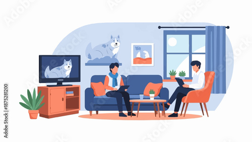 Two people relax in a living room with a dog depicted on TV and in art