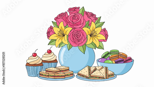 Colorful bouquet of roses and lilies with sweet treats cupcakes, macarons, and sandwiches