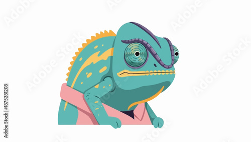Cartoon chameleon with blue-green skin, yellow stripes, and a pink collar
