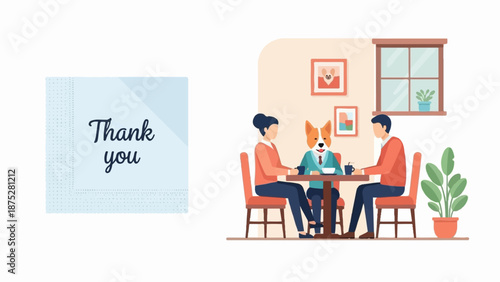 A whimsical scene of a dog in a suit having a drink with two people at a cafe table