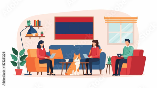 People working remotely with a dog in a cozy room with a national flag