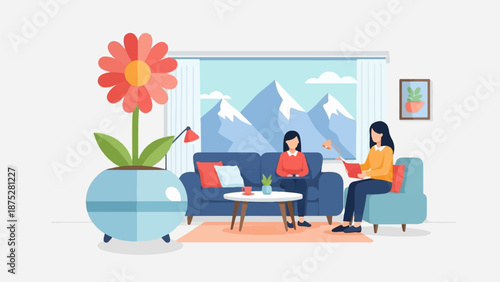 Two women relax indoors with a flower and mountain view