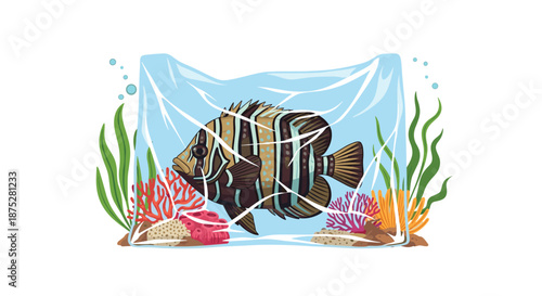 Striped tropical fish trapped inside a floating plastic bag in the ocean, representing environmental pollution and its impact on sea life.