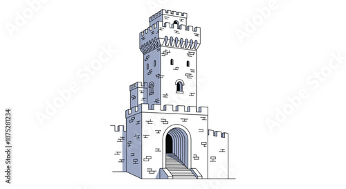 Illustrated stone castle tower with a tall central structure and smaller side walls featuring an arched entrance and several windows.