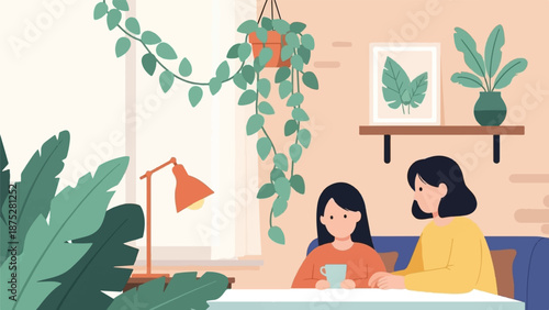 Two people sit at a table with plants and a lamp in a cozy room