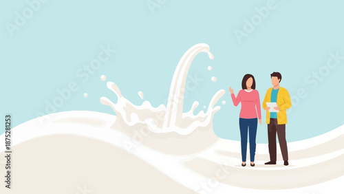 Two people observing a splash of milk against a light blue background
