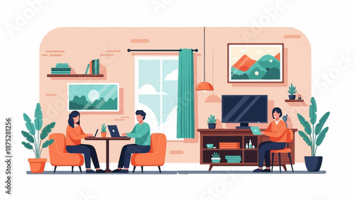 People working on laptops in a cozy living room with plants and artwork