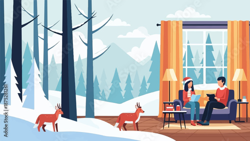 Cozy winter scene with deer outside and couple reading indoors