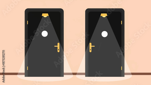 Two dark doors with golden handles are illuminated by spotlights on a peach wall