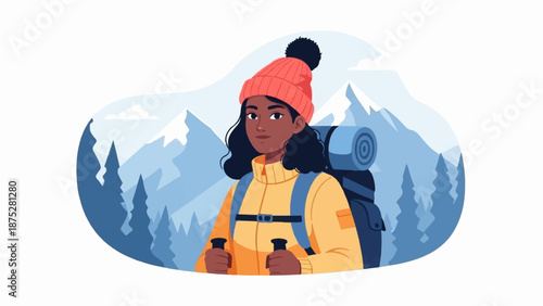 Woman with backpack and poles on a mountain hike