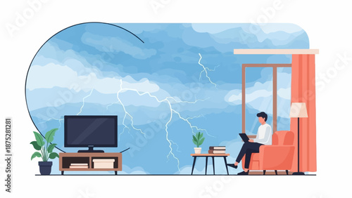 Person using laptop in a cozy room during a lightning storm