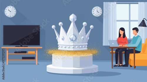 Couple working on laptop in a room with a large crown and TV