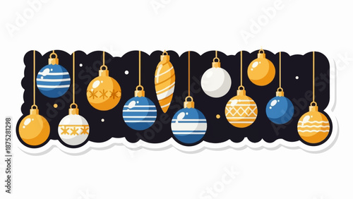 Festive assortment of hanging ornaments in blue, gold, and white against a dark background
