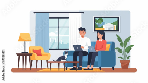 Couple working on laptops with cat and plant in a cozy living room