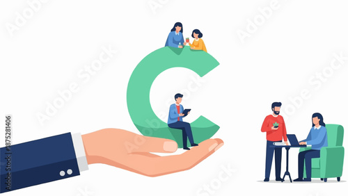 Hand holds giant 'C' with people, while others work