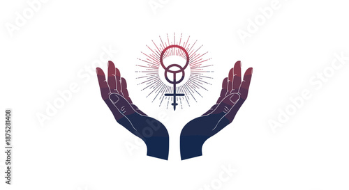 Two hands held open cupping a stylized female gender symbol with a glowing sunburst background, celebrating womanhood and empowerment.
