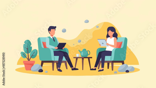 Two people seated, one male, one female, engage with tablets in plush chairs, beside potted plant and tea