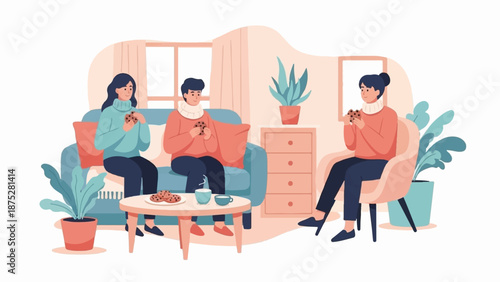Three friends in cozy sweaters share cookies and drinks in a warm, stylish living room