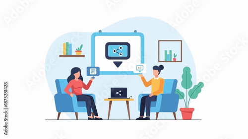 Two people in armchairs with laptops and screens showing share icons