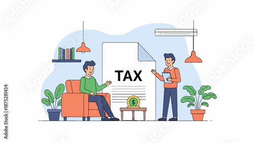 Two men discuss tax documents and financial planning with plants and a coin