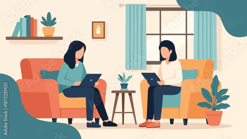 Two women sit in armchairs, each using a laptop, in a cozy room with a window and plants