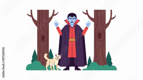 Cartoon vampire stands in a forest with a small cat near its feet