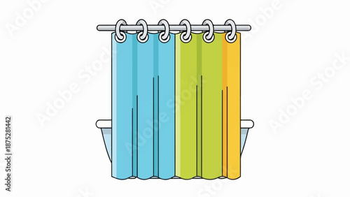 Colorful shower curtain partially drawn over a bathtub in a minimalist style