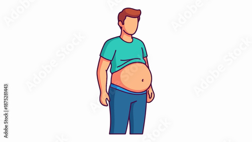 Cartoon man with prominent belly wearing teal shirt and blue pants