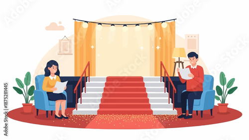 Two people read on plush chairs near a brightly lit stage with a red carpet