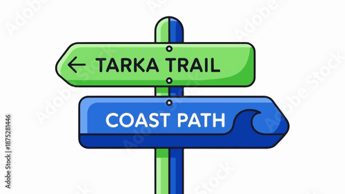 Illustrated signpost pointing directions to "Tarka Trail" and "Coast Path