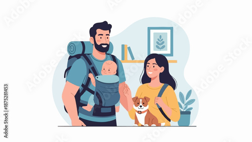 Happy family with baby and dog, ready for adventure